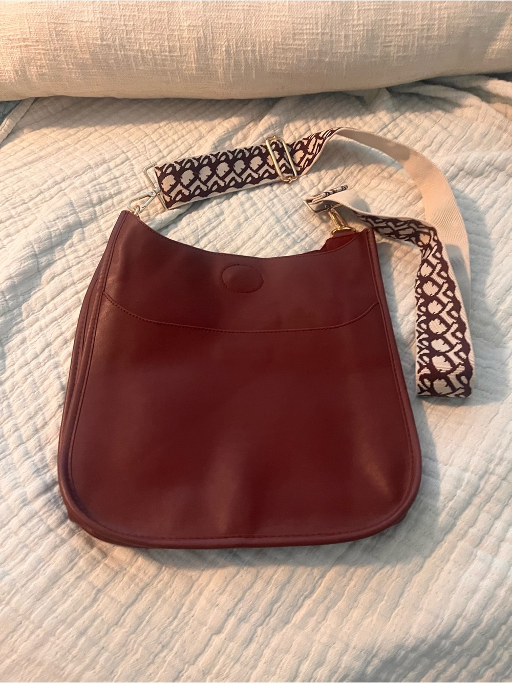 Structured Burgundy Shoulder / crossbody Bag with Patterned Adjustable Strap